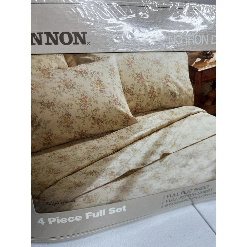 Vtg Cannon Monticello Elisa 4 Pc Full Sheet Set Flowers Flat Fitted‎ Pillowcase